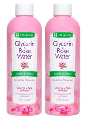 De La Cruz Rose Water bottle close-up with rose petals for gentle skin hydration.