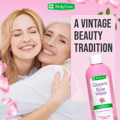 De La Cruz Rose Water facial application scene for refreshing skin toning.