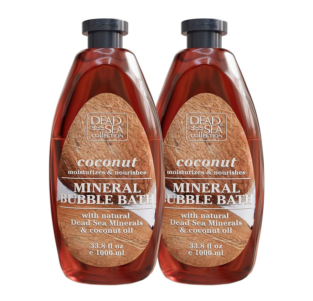 Dead Sea Collection Bubble Bath with Coconut bottle front highlights nourishing coconut oil benefits.