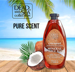 Dead Sea Collection Bubble Bath coconut minerals closeup emphasizes mineral-rich formula for hydrated skin.