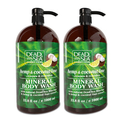 Dead Sea Collection hemp coconut lime body wash bottle-front for a refreshing daily cleanse.