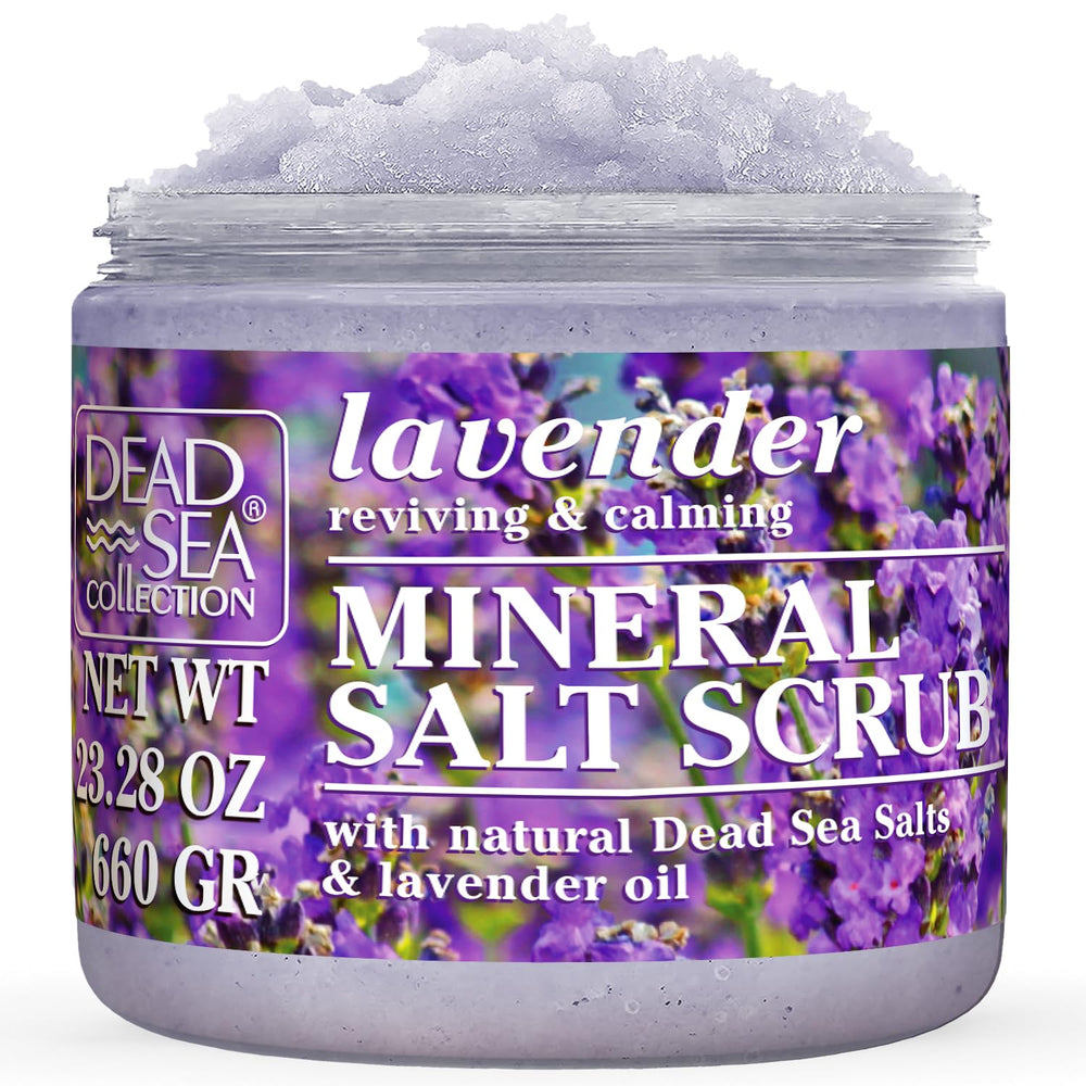 Dead Sea Collection Lavender Salt Scrub jar highlights rich exfoliant for smoother skin