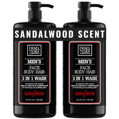 Dead Sea Collection men's body wash sandalwood bottle for refreshing skin and hair cleansing.