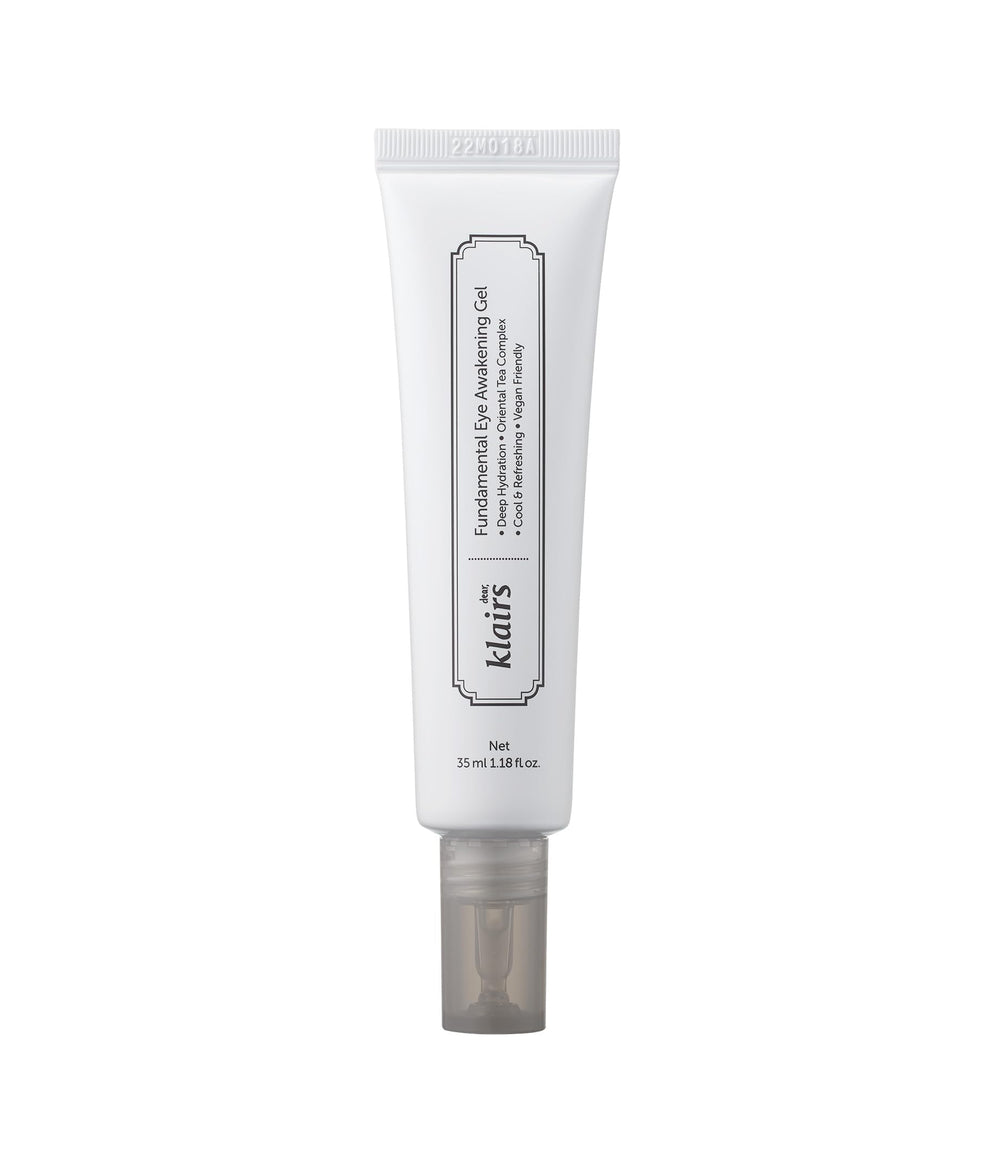 DearKlairs Fundamental Eye Awakening Gel tube application delivers rapid hydration for refreshed eyes.
