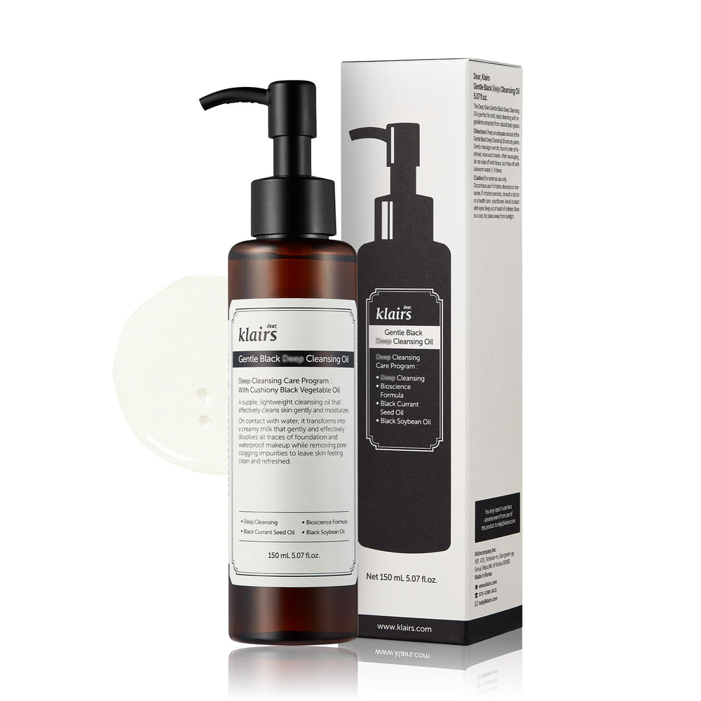 DearKlairs Gentle Black Cleansing Oil bottle close-up highlighting smooth texture for sensitive skin cleansing