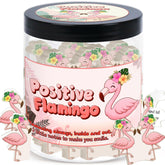 DEARMINE positive flamingo jar front view with 60 affirmation cards for desk motivation.