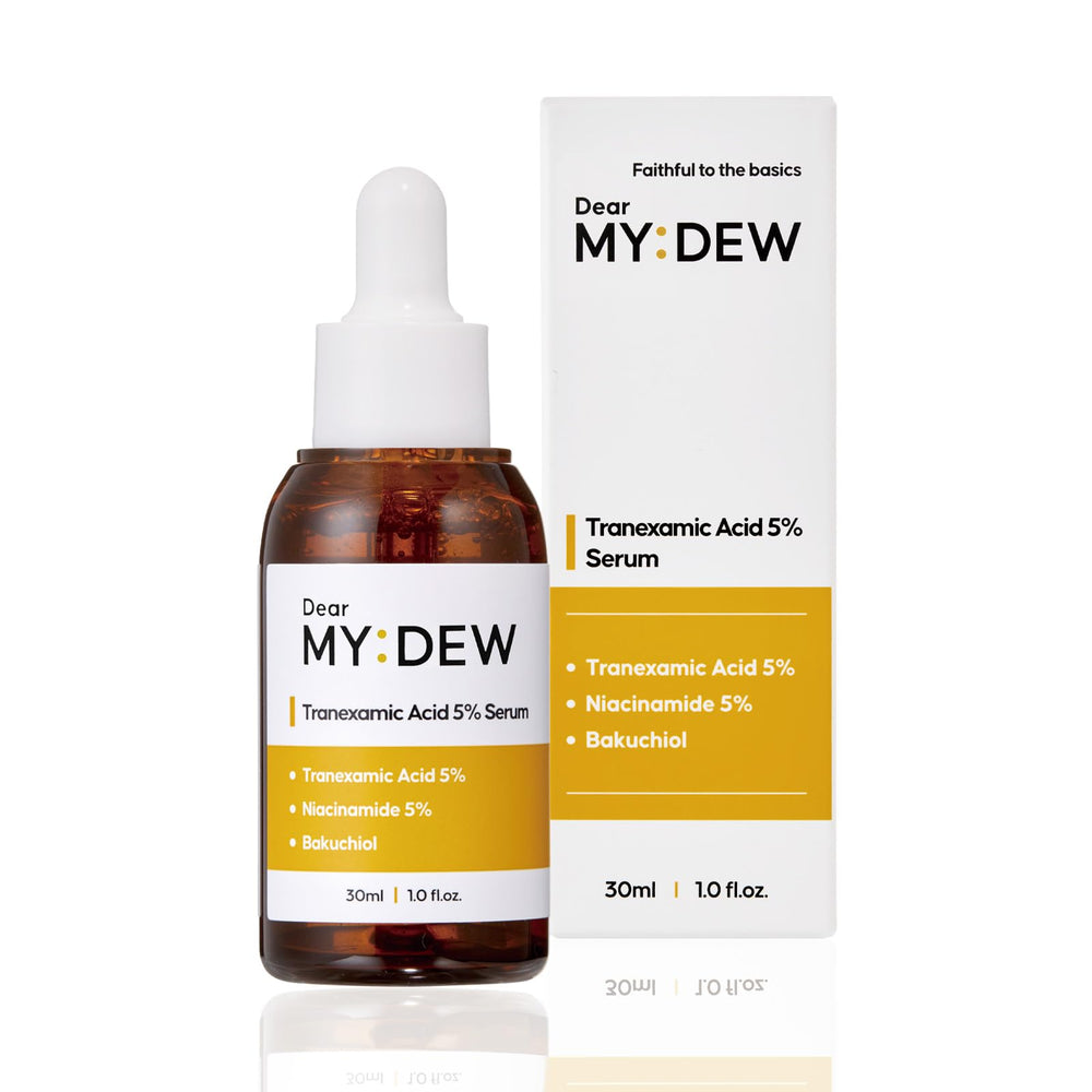 DearMYDEW tranexamic acid serum bottle shows fast-absorbing, non-greasy texture for daily use