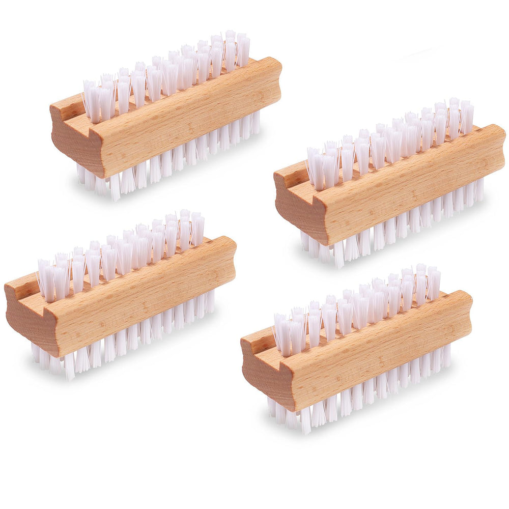 DEBETOOL Nail Brush Set packaging close-up shows four-pack value and durable wooden grips.