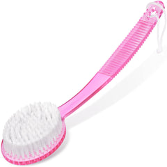 DecorRack bath brush with 10-inch curved handle for easy back exfoliation.