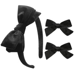 DEEKA Black Velvet Bow Headband close-up showing luxe texture for polished school uniforms