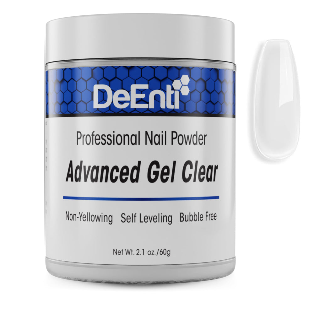 DeEnti acrylic nail powder 2oz bottle shows crystal-clear coverage for overlays.
