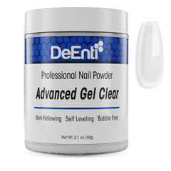 DeEnti acrylic nail powder 2oz bottle shows crystal-clear coverage for overlays.
