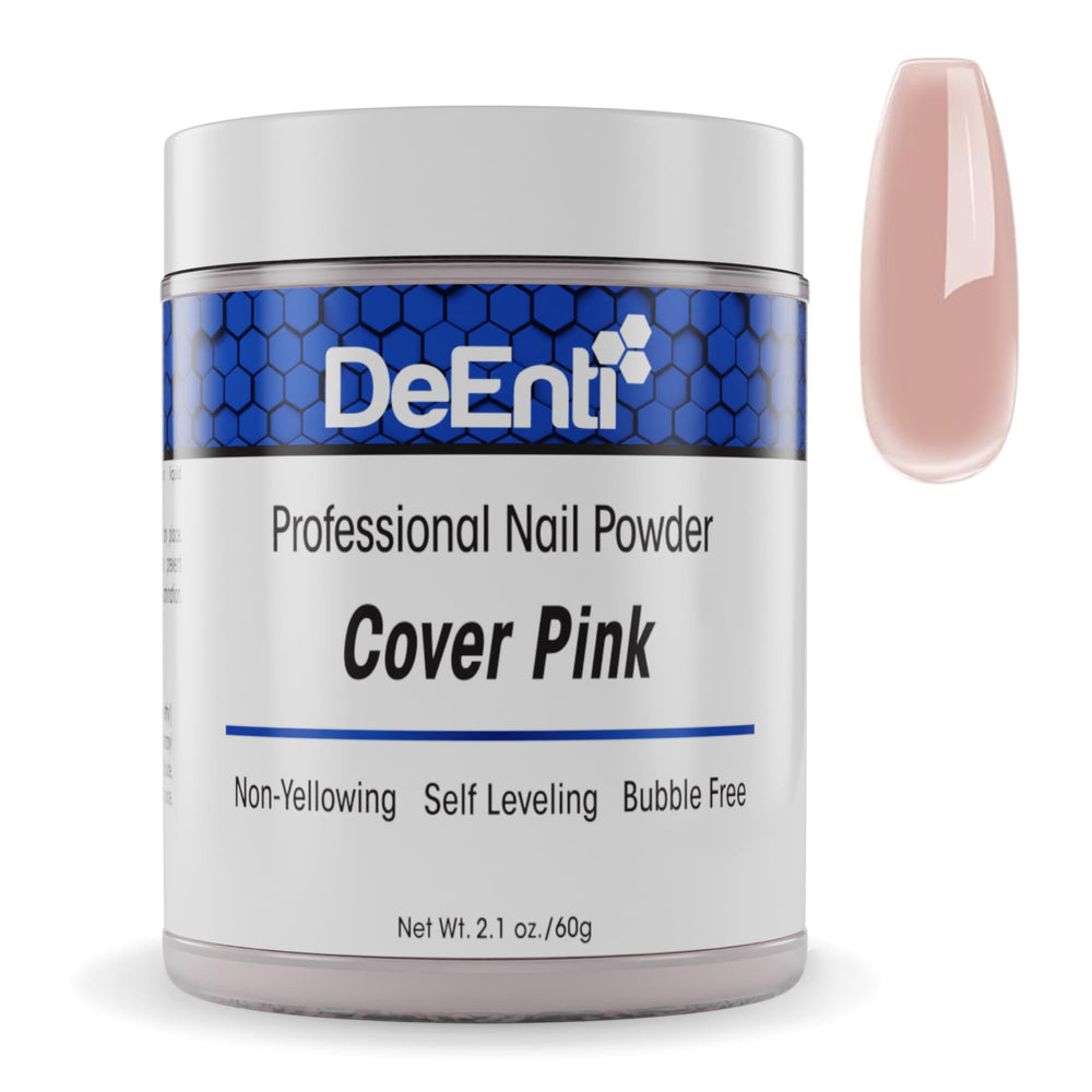 DeEnti acrylic nail powder 2oz pink bottle close-up with bubble-free, salon-quality coverage