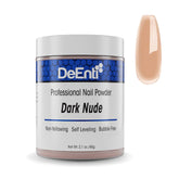 DeEnti acrylic nail powder dark nude bottle closeup for bubble-free salon results