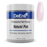 DeEnti acrylic nail powder natural pink bottle swatch showing bubble-free finish