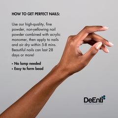 DeEnti Acrylic Nail Powder close-up highlights bubble-free finish for smooth use.