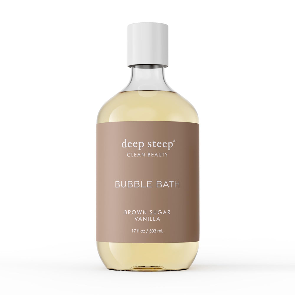Deep Steep Bubble Bath Brown Sugar Vanilla bottle for relaxing aromatherapy and gentle skin hydration.