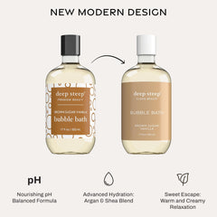 Deep Steep Bubble Bath bubbles in water showcase rich coconut and shea moisture for sensitive skin.