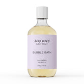 Deep Steep Bubble Bath Lavender Vanilla bottle shows soothing formula for sensitive skin.
