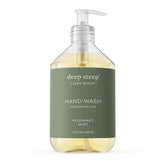 Deep Steep Rosemary Mint hand wash bottle highlights hydrating aloe and olive oil.