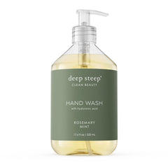 Deep Steep Rosemary Mint hand wash bottle highlights hydrating aloe and olive oil.