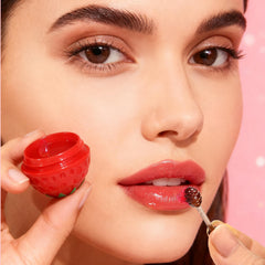 Deepmind mini bee lip balm fruit pot varieties showcases strawberry, lemon, peach, and cherry flavors.