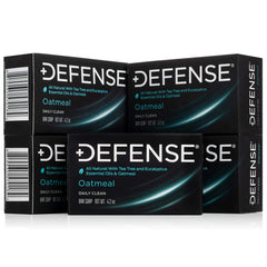 Defense Soap oatmeal bar packaging highlights natural ingredients and exfoliating oatmeal.