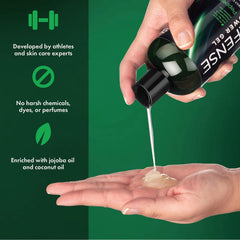 Defense Soap Peppermint Tea Tree Body Wash pour highlights rich lather for thorough cleansing
