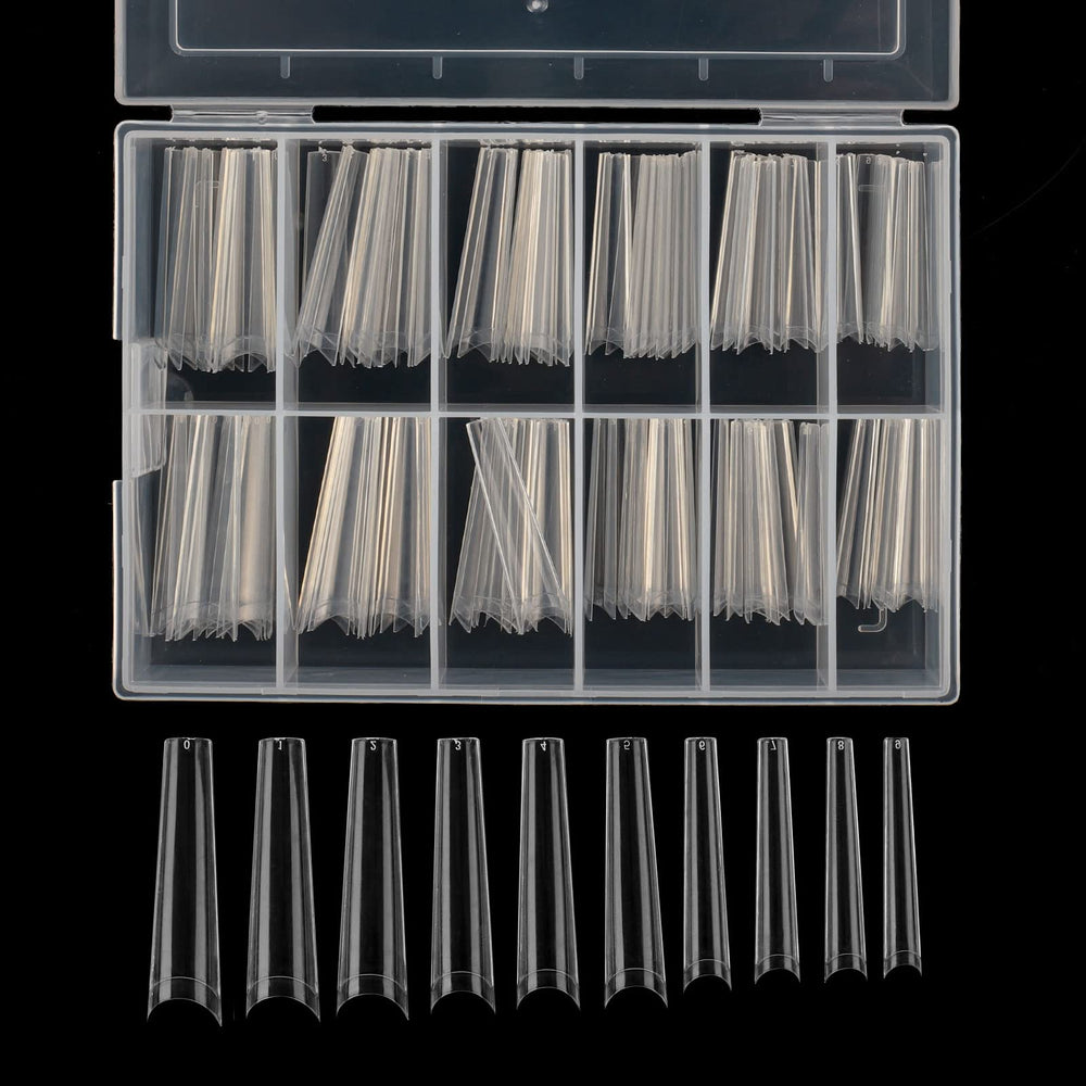Defuber tapered extra long nail tips box showing 10 sizes for perfect fit