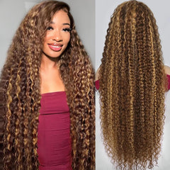 DegHyth 30inch highlight ombre lace-front wig shows dramatic length and natural movement.