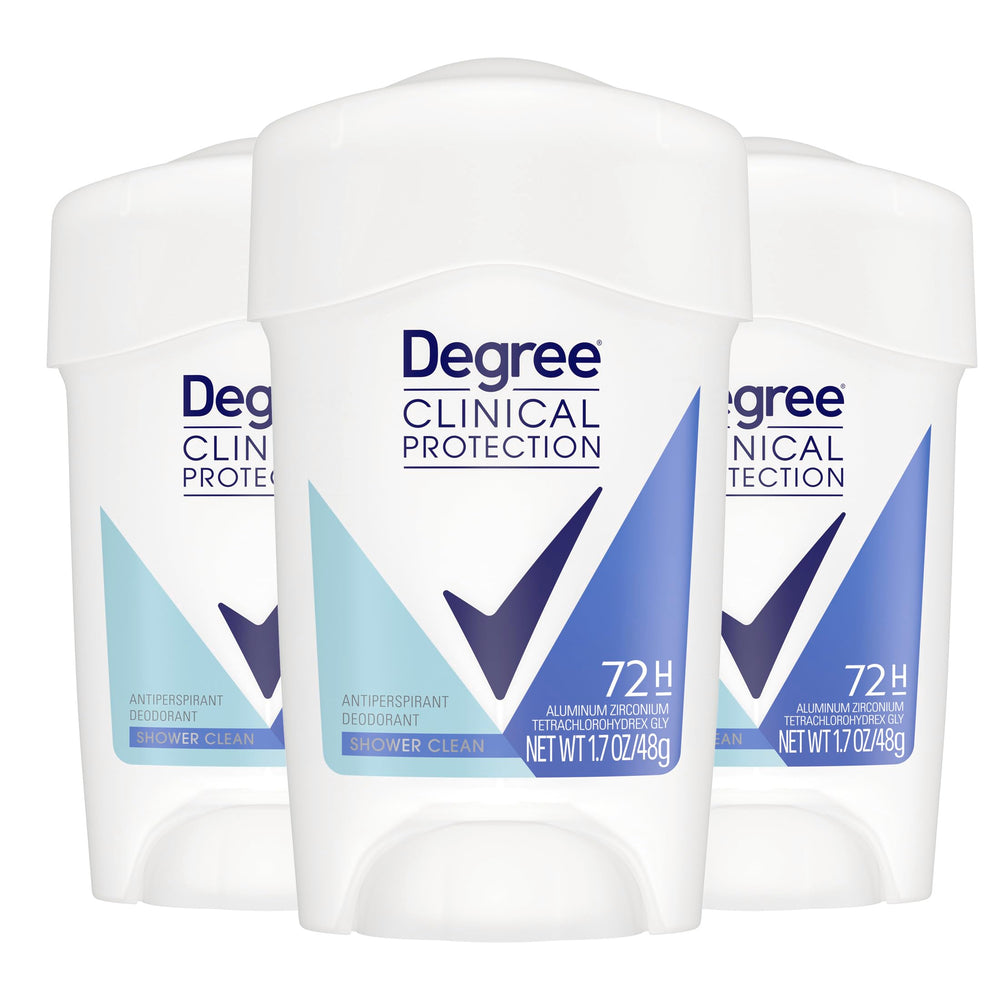 Degree Clinical Protection Shower Clean bottle closeup showing long-lasting wetness protection