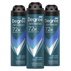 Degree Men Cool Rush dry spray bottle shows instant dryness for daily use.