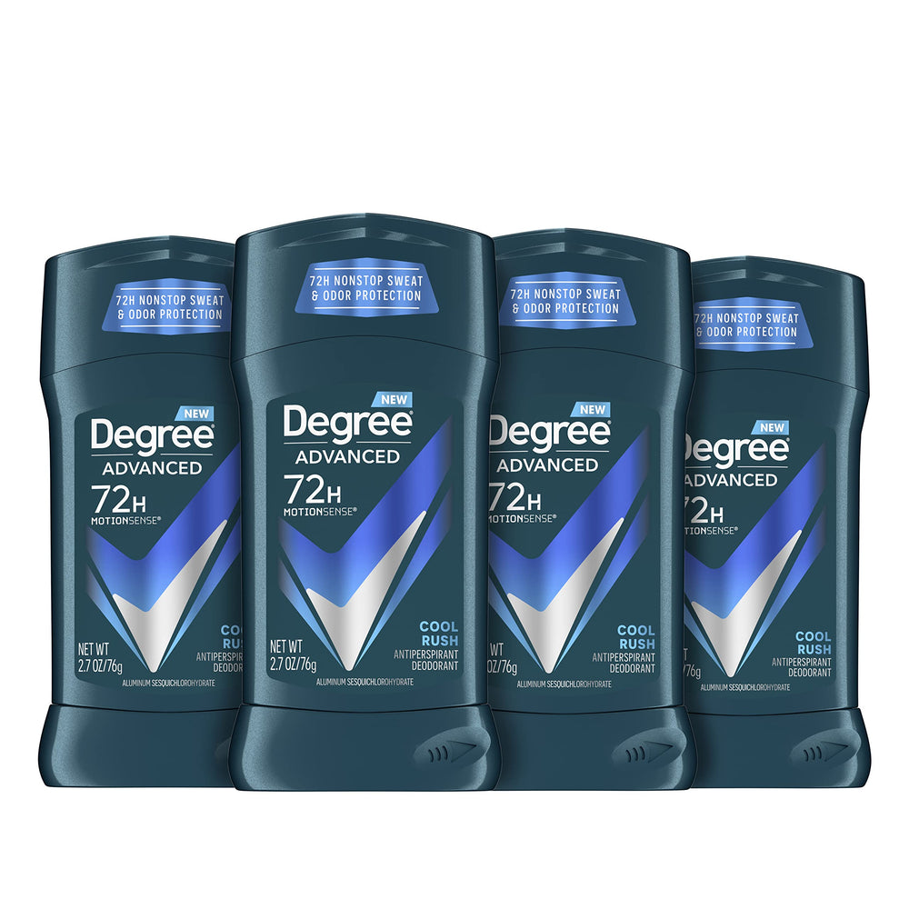 Degree Men Cool Rush pack shot highlighting four-pack antiperspirant sticks for active days