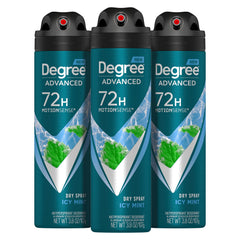 Degree Men Icy Mint Dry Spray bottle showing quick-dry protection for active days