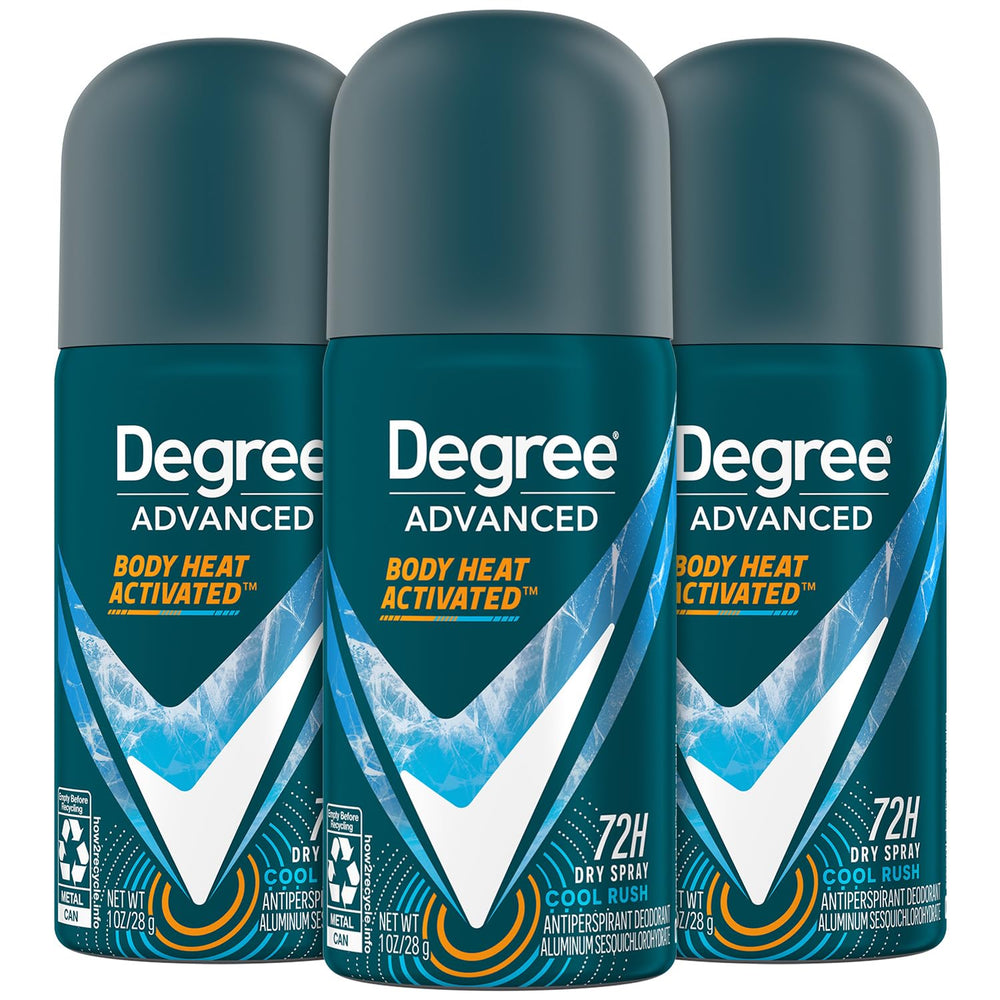 Degree men's travel deodorant 3-pack packaging showcases convenient on-the-go protection for active days.
