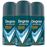 Degree men's travel deodorant 3-pack packaging showcases convenient on-the-go protection for active days.