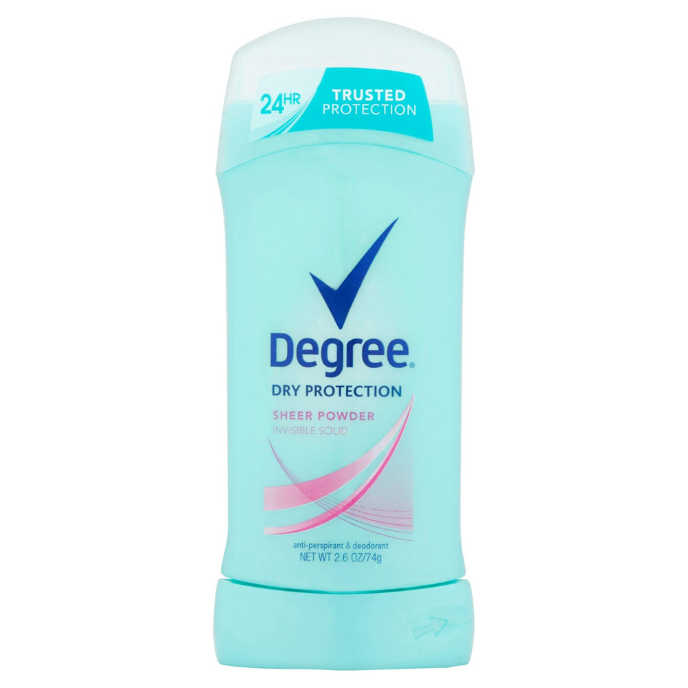 Degree Sheer Powder antiperspirant stick in a 5-pack provides all-day dryness and odor protection.