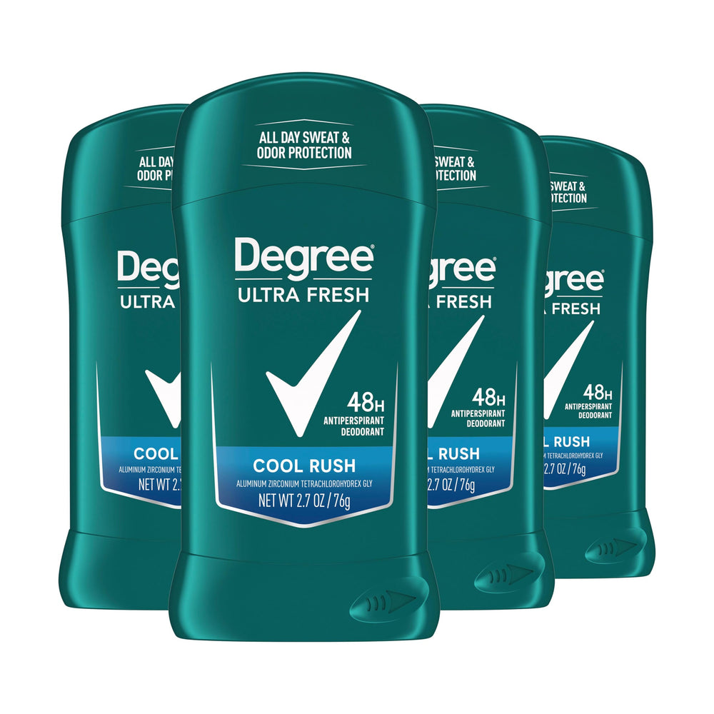 Degree Ultra Fresh Cool Rush 4-pack close-up showing value and daily protection