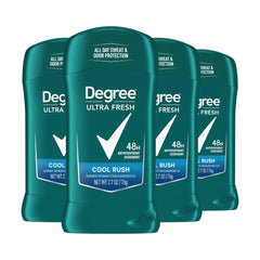 Degree Ultra Fresh Cool Rush 4-pack close-up showing value and daily protection