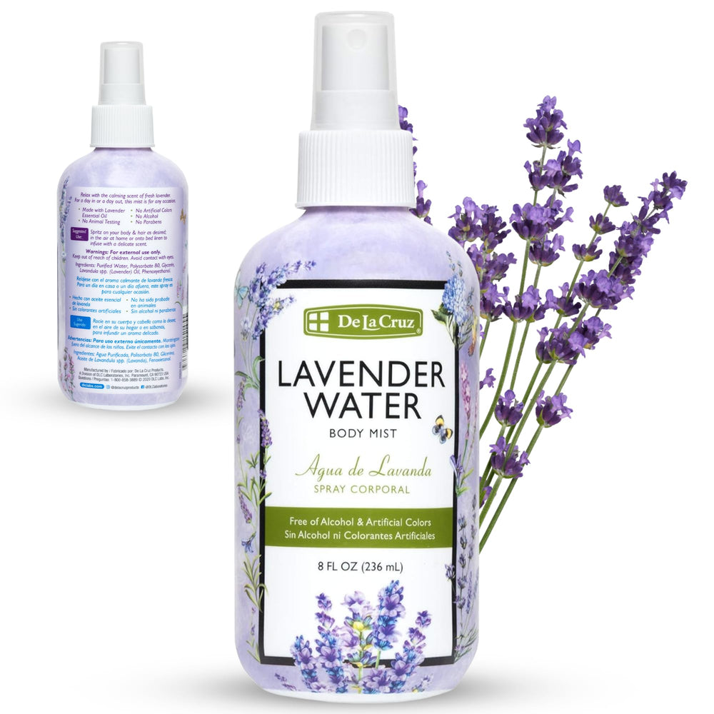 De La Cruz Lavender Water Body Mist bottle with calming lavender aroma for skin refreshment.