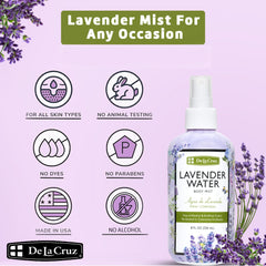 De La Cruz Lavender Water Body Mist spray on skin for quick, soothing refresh.