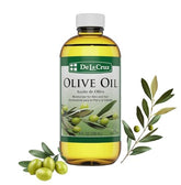 De La Cruz Pure Olive Oil bottle highlighting pure hydration for hair and skin.