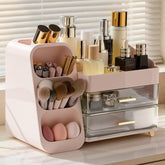 Delamu makeup organizer top compartment view showing organized cosmetics for quick access