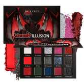 DE'LANCI Red Black Goth Eyeshadow Palette swatch showcases dramatic pigment and bold packaging for goth looks