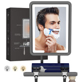 DeLanges LED shower mirror front view with fogless surface for crisp morning shaves.