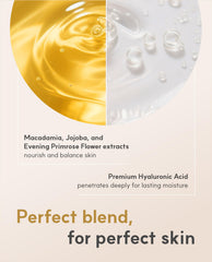 De:maf Here-Oh My First Hydrating Serum bottle pour view suggests balanced moisture.