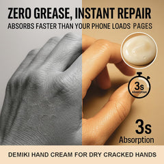 DEMIKI hand cream being applied on dry hands to show quick absorption