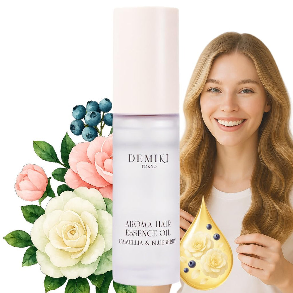 DEMIKI Hair Oil bottle pouring provides silky frizz control for day-long style