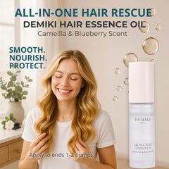 DEMIKI Hair Oil serum applying on strands delivers quick smoothing and shine
