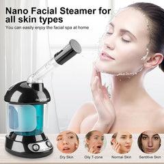 DENFANY facial steamer showing 360° sprayer for full-face coverage during skincare